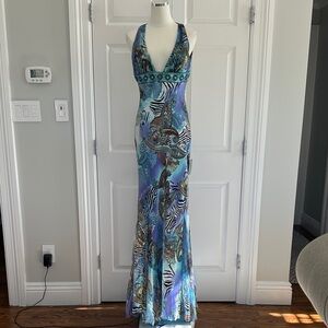 NWPT Mary L. Couture Halter Paisley Silk Dress Open Back Mermaid Cruise Size12